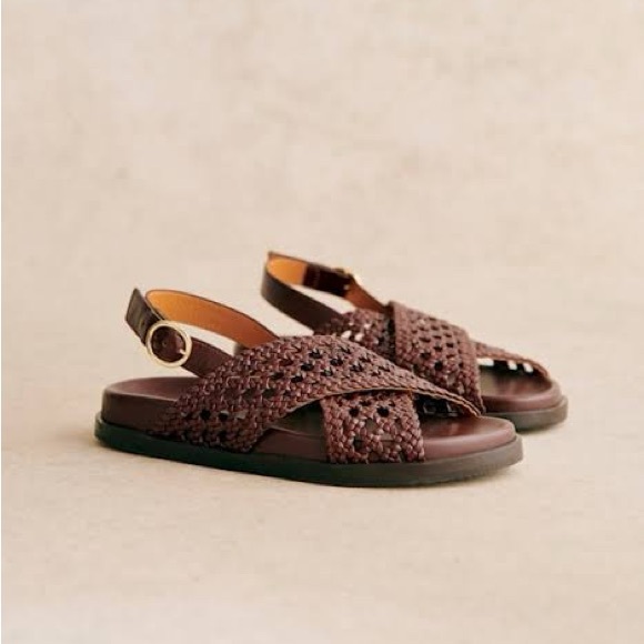 Sezane Shoes - Sezane Tilda Low Sandals Size 9 Brown Smooth Woven Leather Flats Buckle Shoes